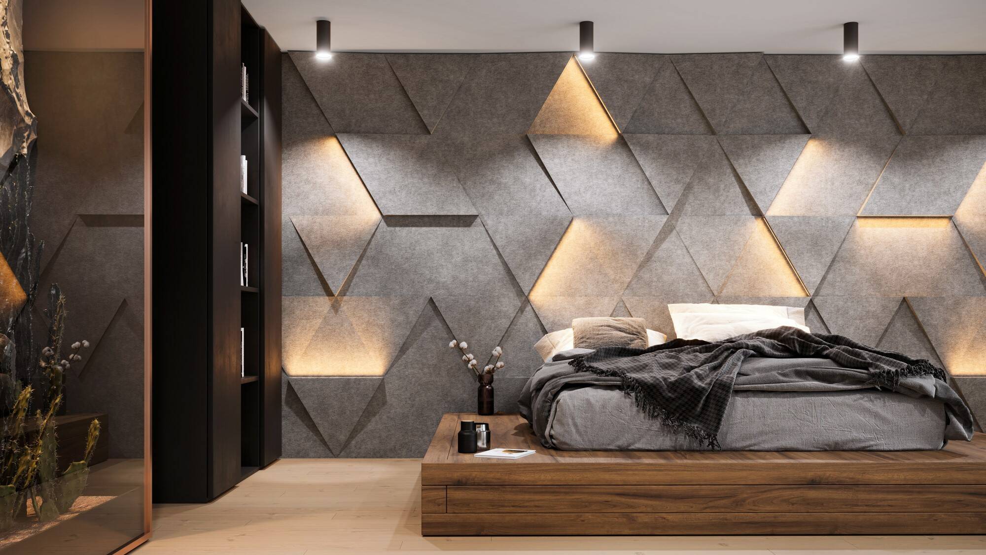 Modernes Schlafzimmer mit geometrischer Wandgestaltung aus grauen Paneelen und indirekter Beleuchtung, Holzbett mit grauer Bettwäsche und schwarzer Decke