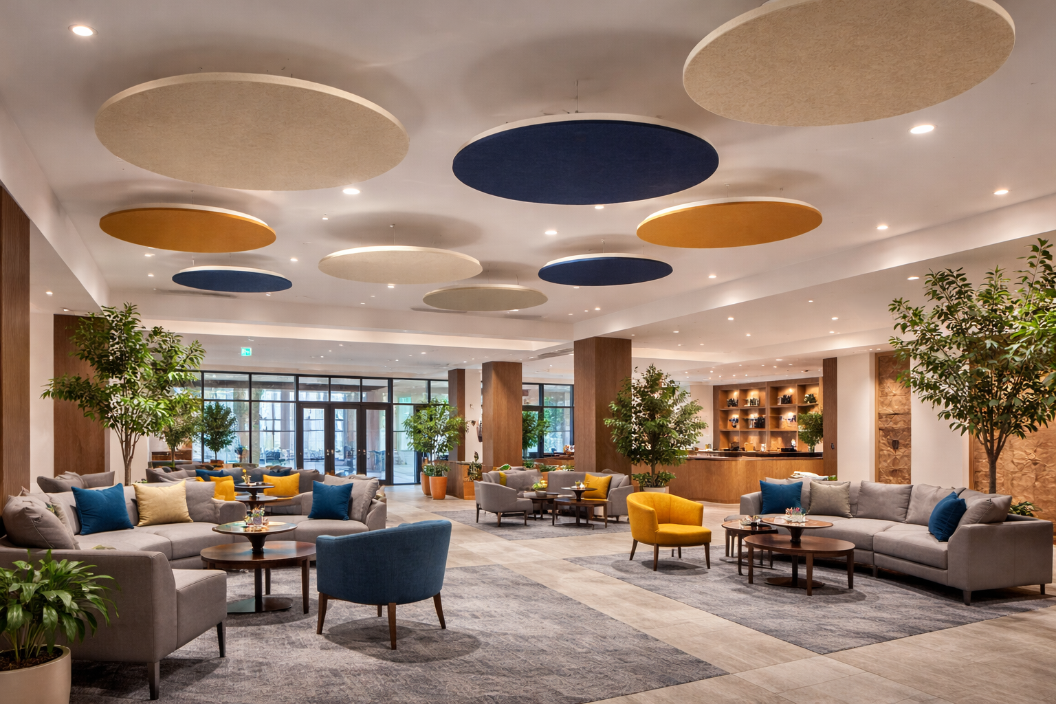 Akustik Deckensegel rund für Hotel Lobby Raumakustik